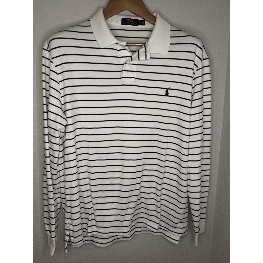Polo Ralph Lauren Men's Pullover Sweater XL Navy Blue White Striped Collared
